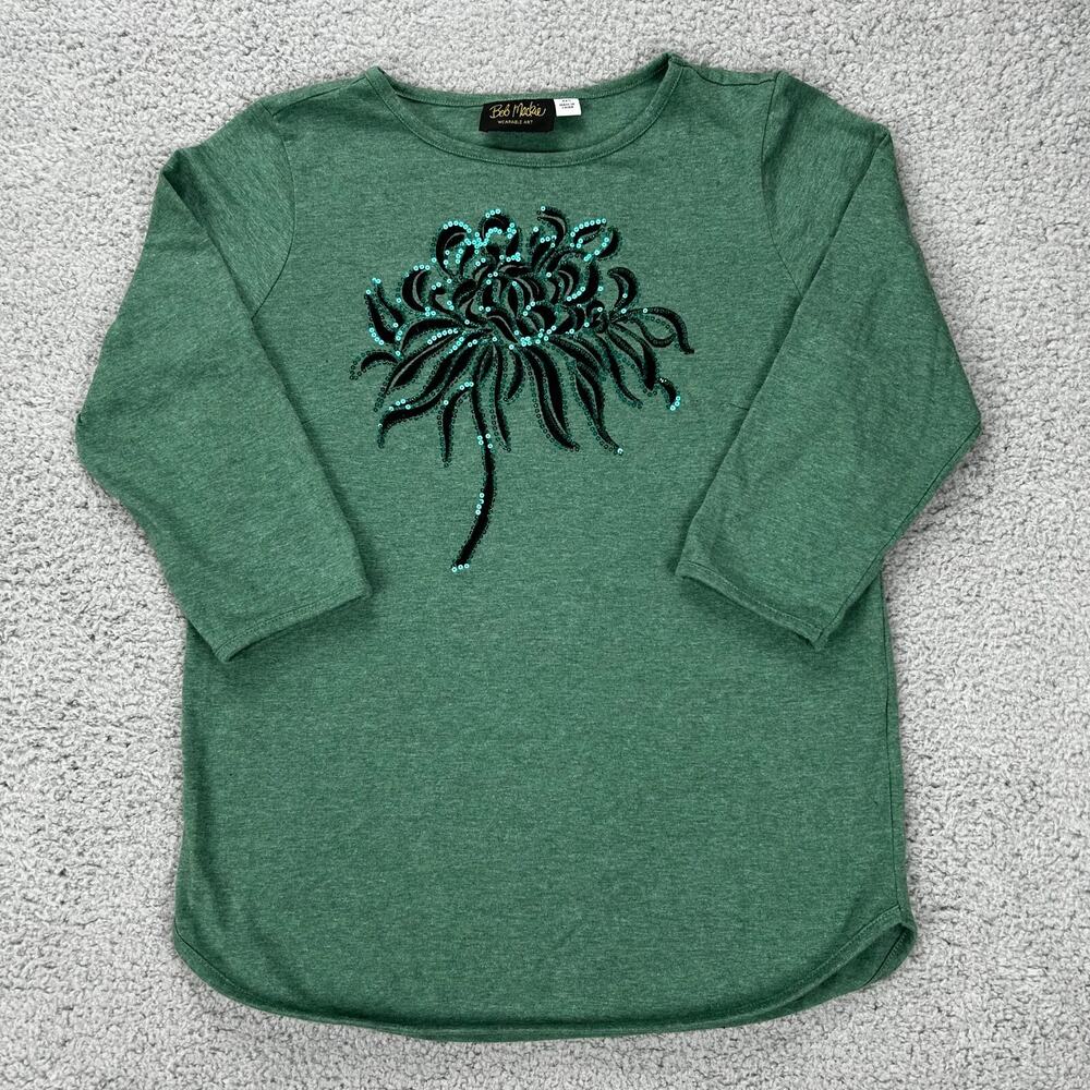 Bob Mackie Wearable Art Top Womens XXS Green Embroidered Flower Art To Wear